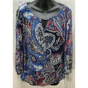 INC International Concept Top Medium Blue Paisley Scoop Neck 3/4 Sleeve New 1245